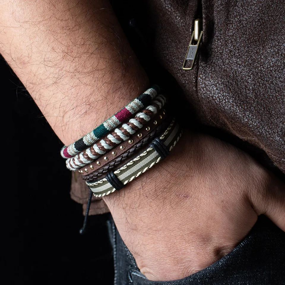 Wholesale 4pcs/lot Handmade ethnic tribal genuine rope wrap charming male pulsera black brown braided leather bracelets bangles