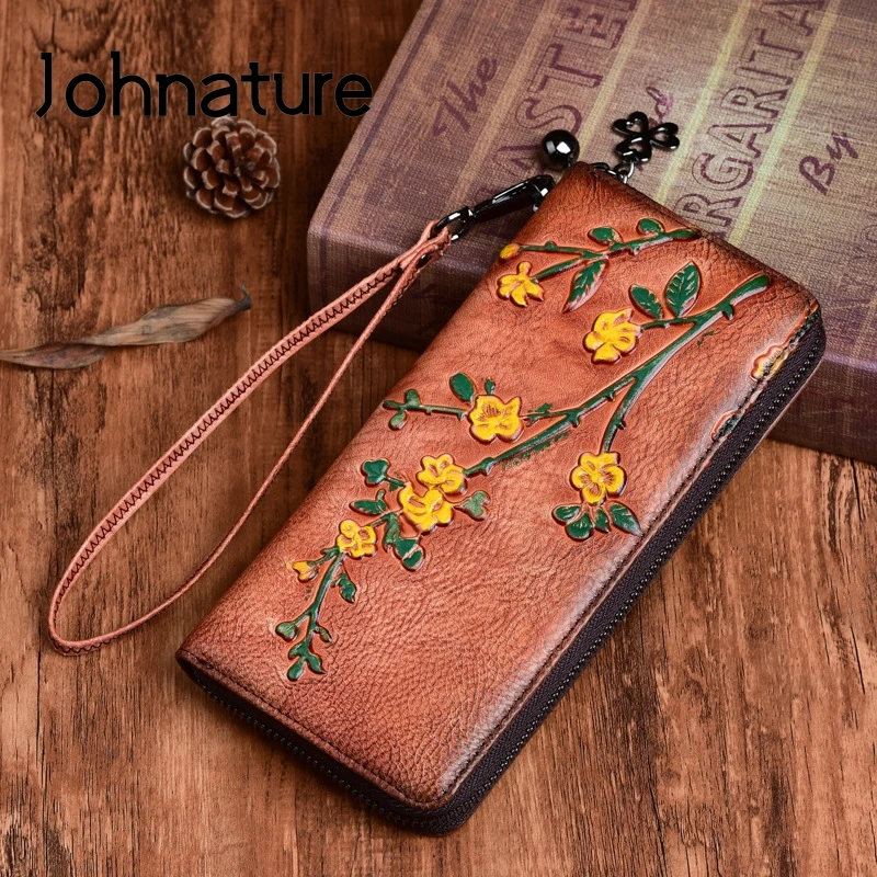 Женские Длинные кошельки из натуральной кожи Johnature винтажный бумажник с