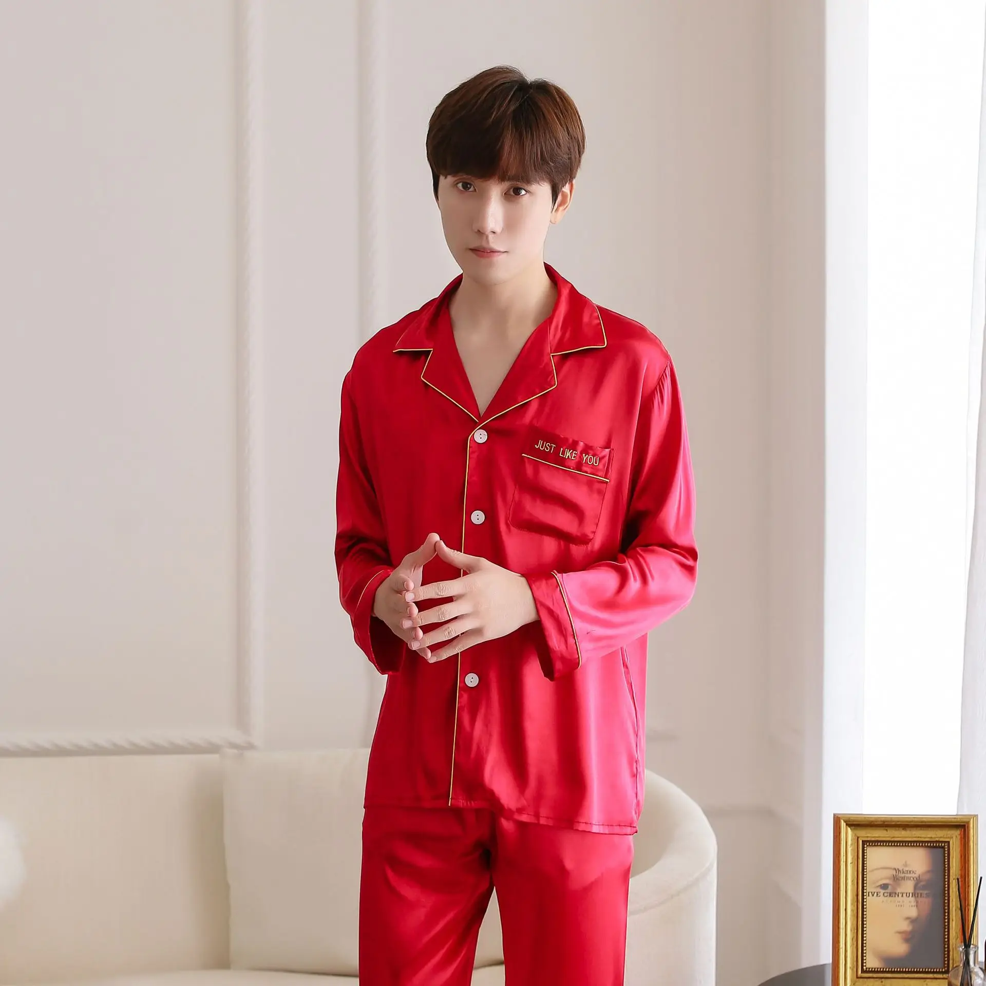 Красные весенние комплекты одежды для сна мужская рубашка брюки костюм
