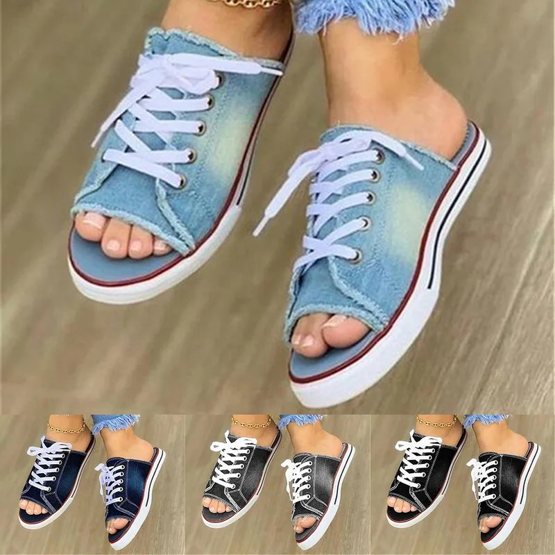 

Women Slippers Summer Hollow Out Breathable Slippers Sandals Flat Women Canvas Casual Shoes Lace Up Flip Flops Mules Black Blue