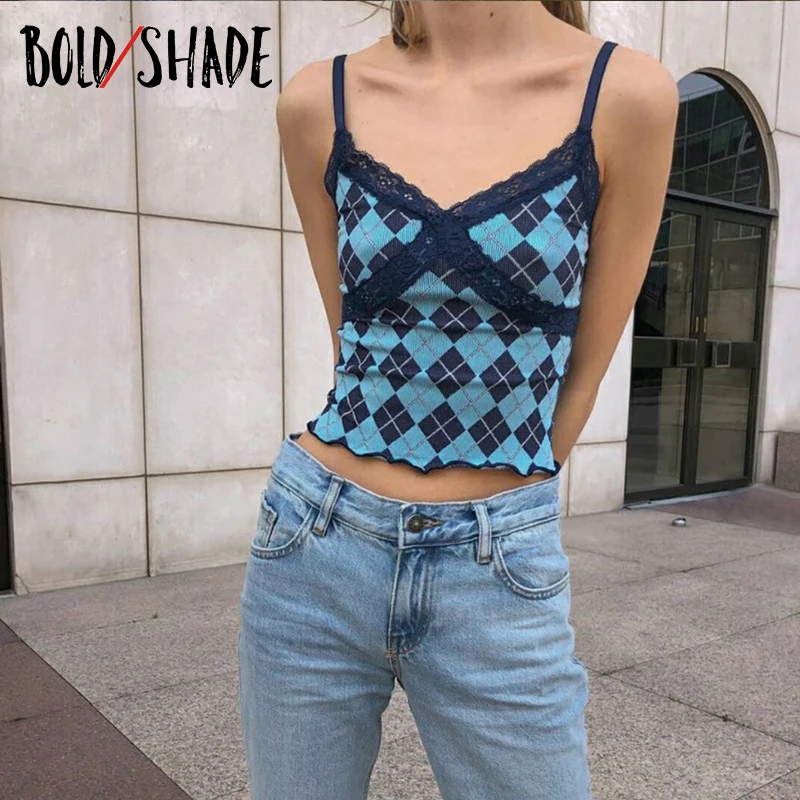 

Bold Shade Argyle Plaid 90s Urban Fashion Camisole Lace Trim V Neck Strap Indie Sexy Tank Tops Women Y2K Summer Bodycon Camis