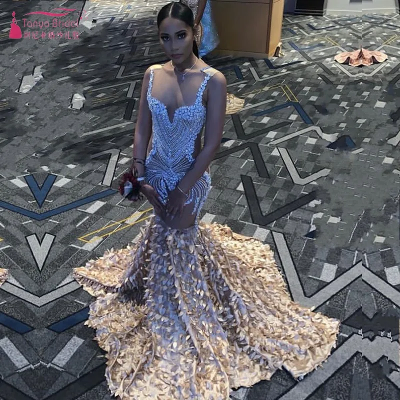 Luxury Beading Fashion Bling Mermaid Prom Dresses Black Grils Elegant collocation Leaves Sexy Evening Party Gowns W051