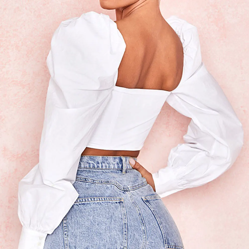 Jocoo Jolee Women Autumn Sexy Cross Criss Lace UP White Cropped Tops Puff Sleeve Hollow Out Blouse Elegant Backless Shirts 2019 Женская