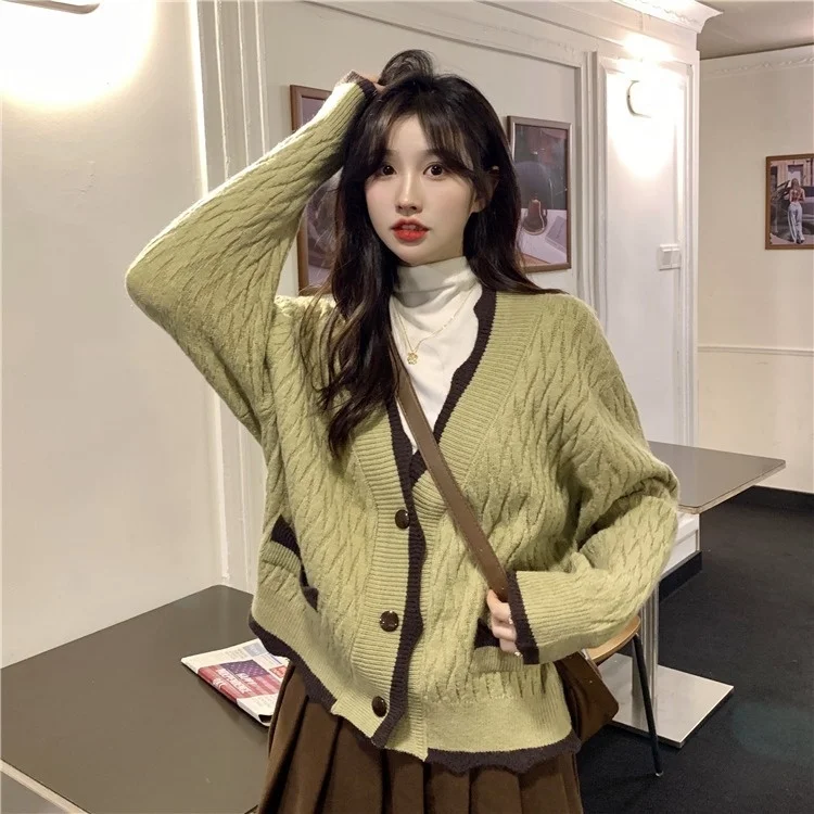 

Design Sense Contrast Color V-neck Knitted Cardigan Autumn French Short Style Outer Wearing Twist Long Sleeve Sweater Women