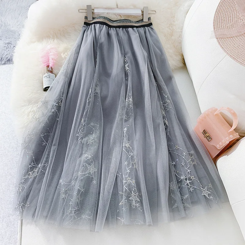 

XUXI Spring Autumn 2021, New, Heavy Industry, Mesh, Half-length Skirt, Starry Sky, Sequins, Yarn Skirt, Embroidery, Skirt E1096