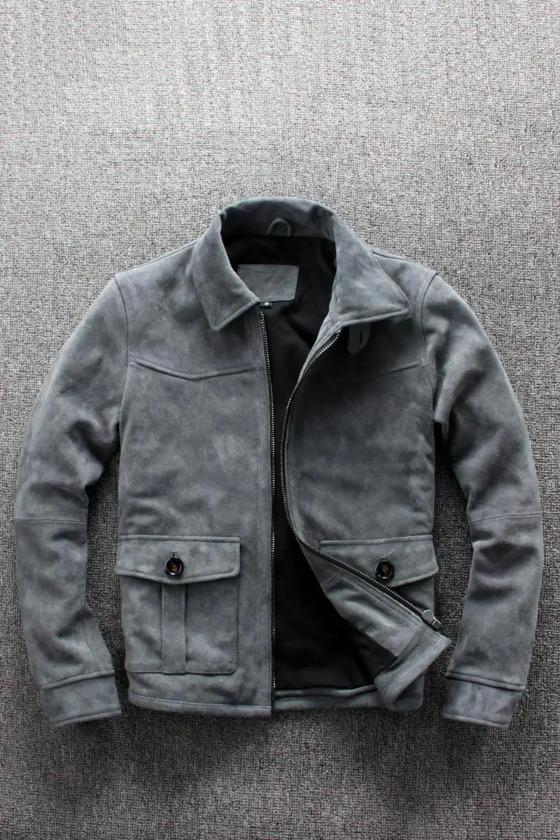 

2020 men's gray cow suede jacket turn down collar casual genuine coat men autumn real leather clothing for male