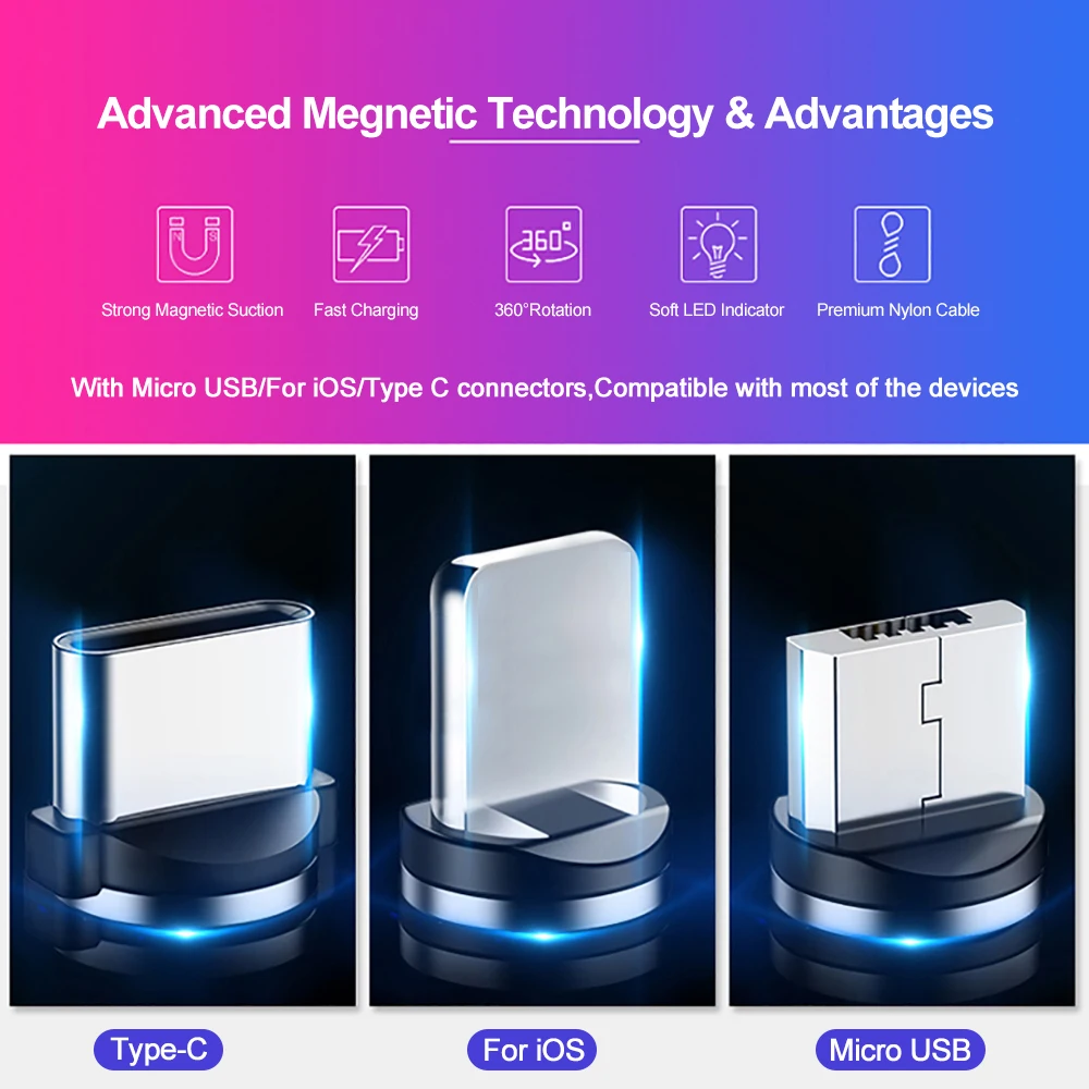 VOXLINK 1 м светодиодный магнитный USB кабель для iPhone Xs 6 и usb type C Micro нейлоновая оплетка