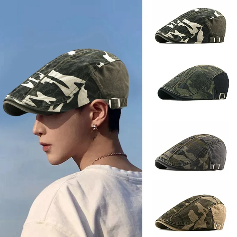 

Spring Autumn Camouflage Berets Hats Men Women Herringbone Caps Washed Cotton Newsboy Cap Cabbie Ivy Flat Hat Adjustable