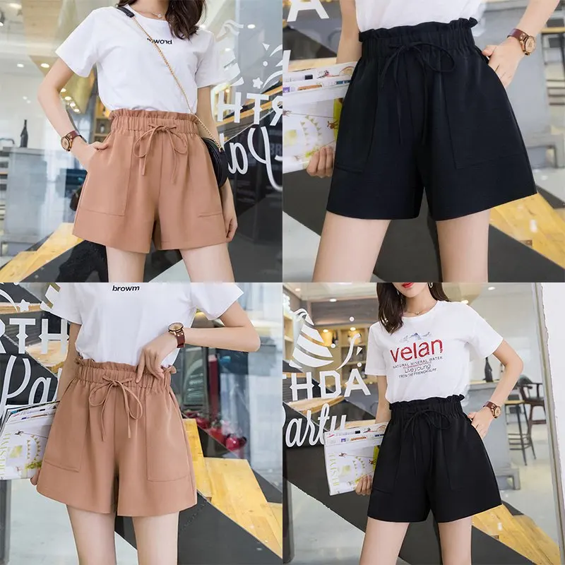 

Summer New Women Shorts Korean Style Solid High Waist Wide Leg Office Lady Shorts With Bow Short Pants For Women Casual Hot