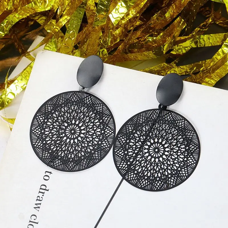 

Boho Woven Geometric Earrings Drop Black Round Discs Silk Drop Statement Earrings Fashion Jewelry For Women Girls
