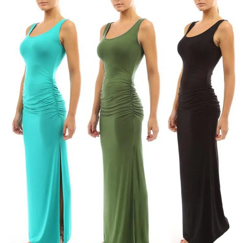 Hot Sales Solid Color Women Scoop Neck Sleeveless Summer Maxi Side Split Ruched Long Dress 2 Hot Sales Solid Color Women Scoop Neck Sleeveless Summer Maxi Side Split Ruched Long Dress 2