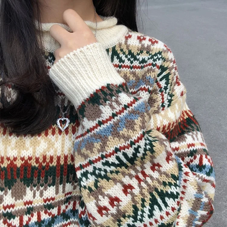 

2020 new Fashion knitted Jacquard Crew neck Loose Casual Ladies winter sweater women Retro pullover long sleeve splice friends