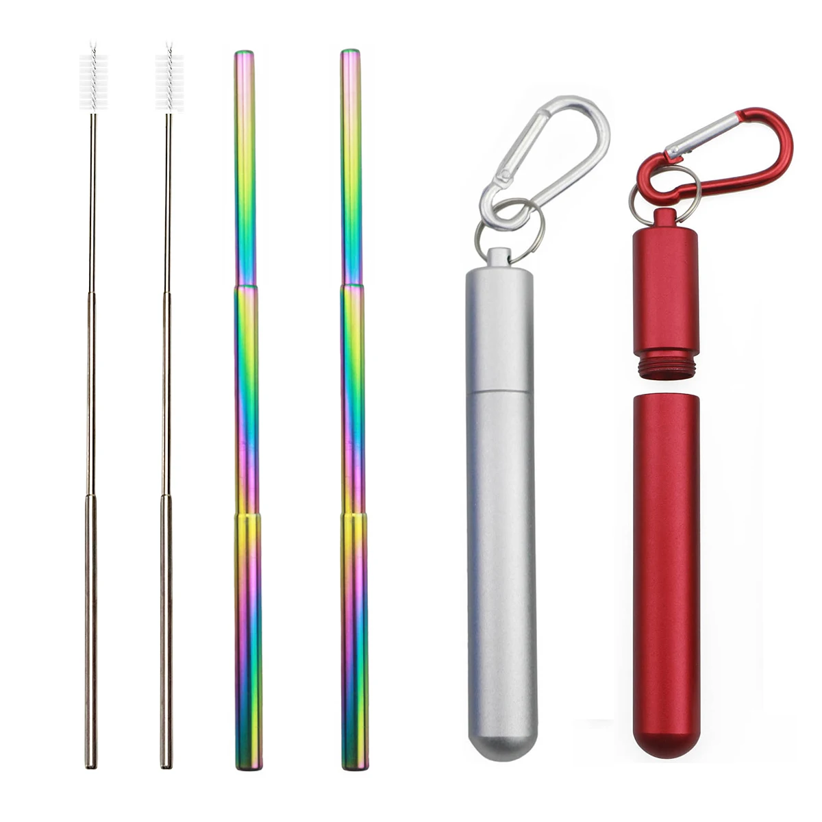 rainbow silver red Складная телескопическая металлическая соломинка из нержавеющей стали 304, портативная соломинка для питья, для путешествий, кемпинга, многоразовая соломинка с чистящей щеткой - Цвет: rainbow silver red