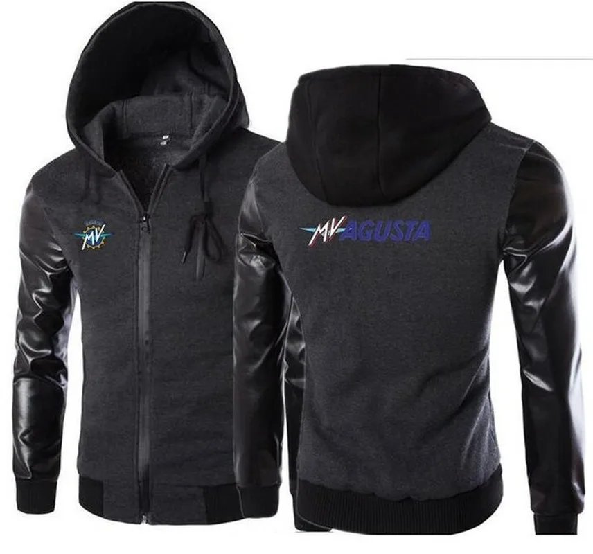 

Autumn Winter Thick Warm Fleece Coat for Mens SportWear Tracksuit Male MV Agusta Print Hoodies Leather sleeve Bomber Jacket