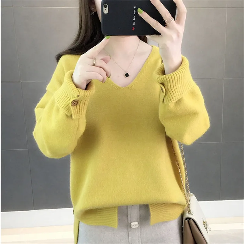 

Fashion 5 Color Knit Sweater Women Korean Student Tops Loose Casual Jumpers Ladies V-Neck Long sleeve Knitted Pullover Female