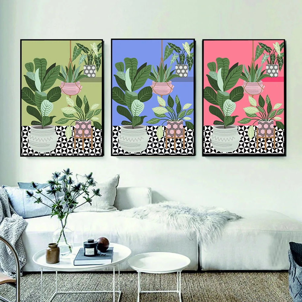 Тропические растения на плиточном полу абстрактная картина стену