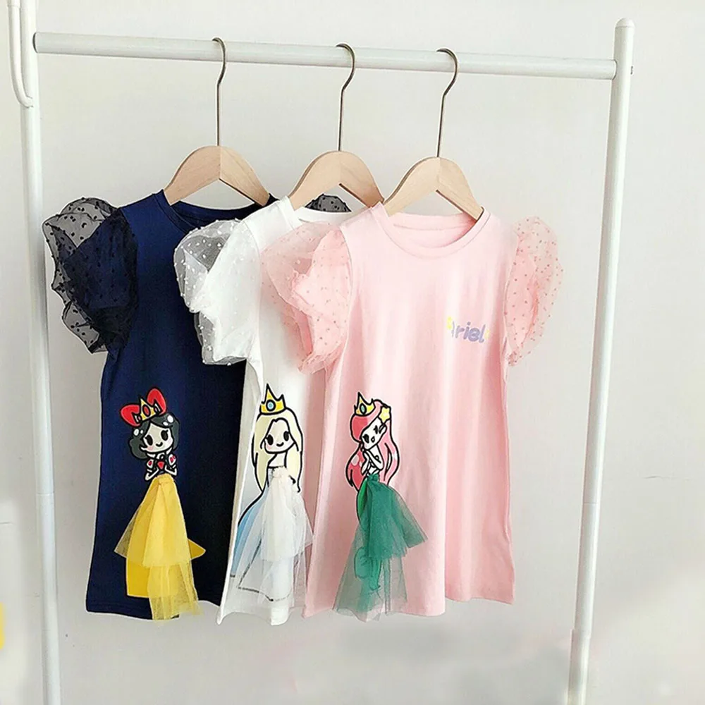 

Платье с картонным принтом для девочек, платья в Корейском стиле, детские белые костюмы, лето 2022, одежда для маленьких принцесс из сетчатой п...