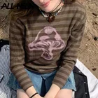 ALLNeon Goblincore эстетические полосатые футболки с рисунком грибов гранж Фея укороченные топы с длинным рукавом и круглым вырезом футболки для E-girl осень