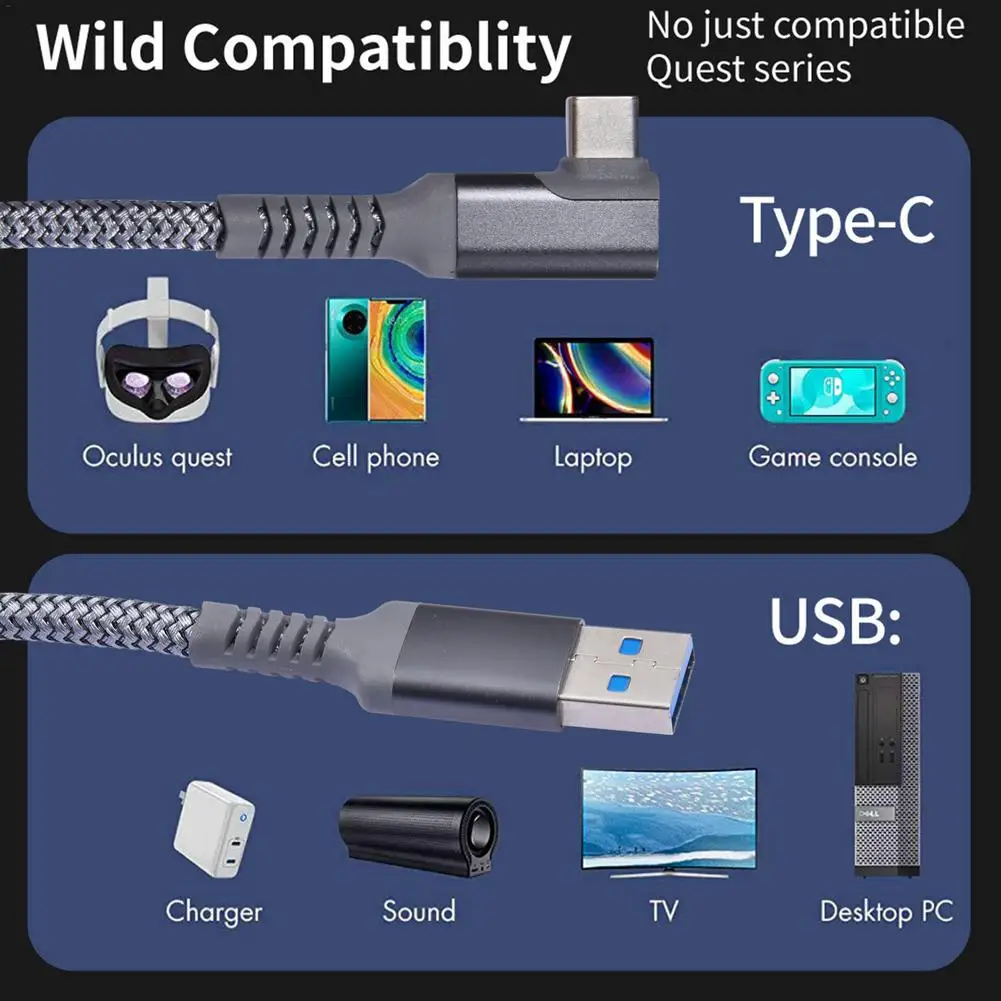 

For Oculus Quest 1/2 Link VR 5M Line Charging Cable USB 3.0 Type C Data Transfer Quick Charge Cables VR Headset Accessories HOT