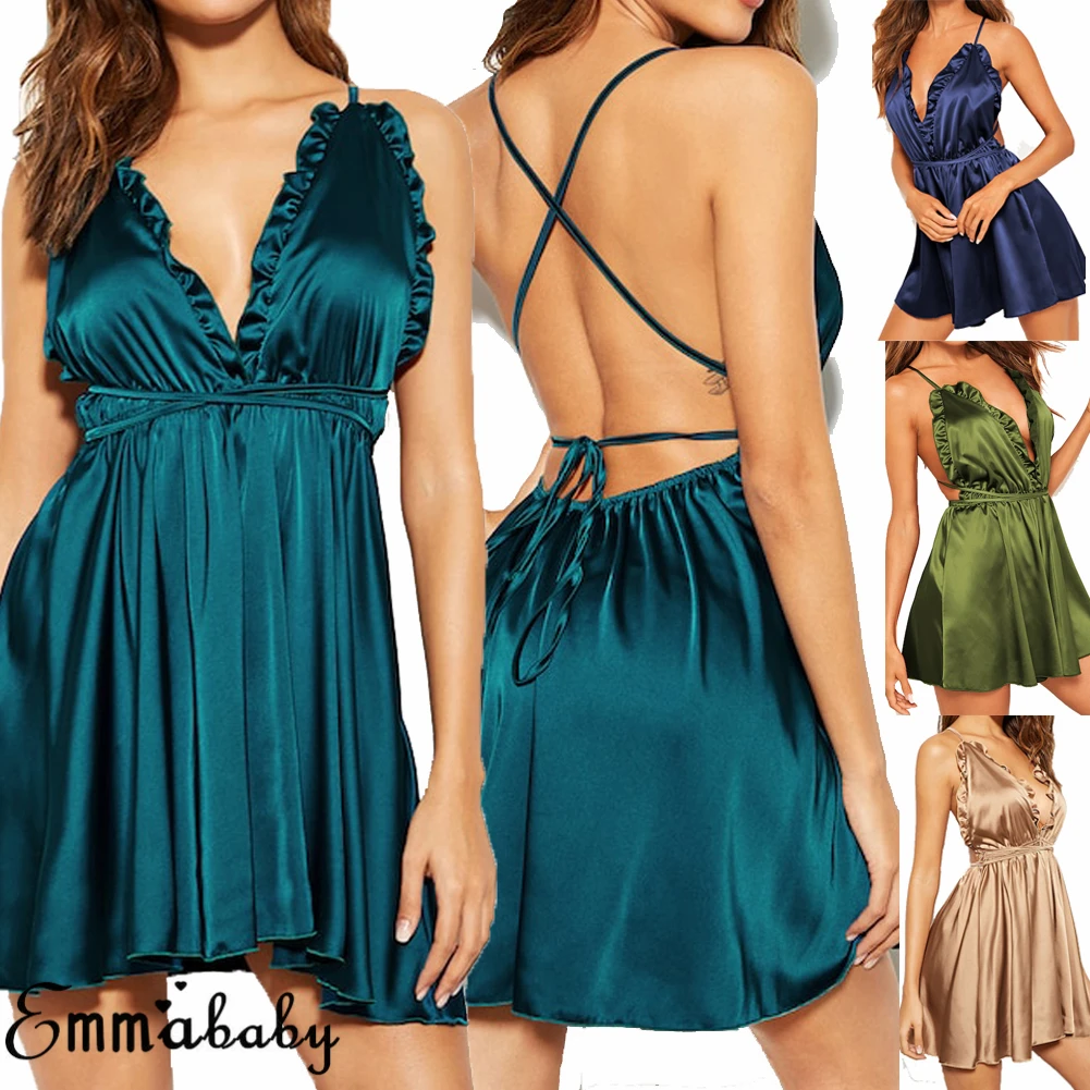 Женская атласная ночная рубашка с v образным вырезом шелковое кружевное белье