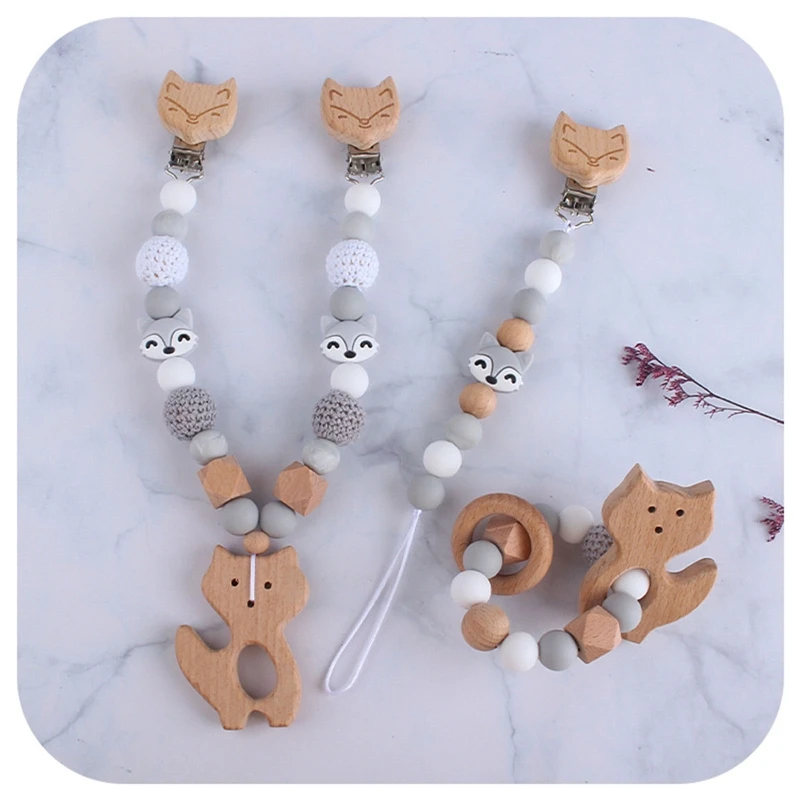 

3Pcs Baby Stroller Hanging Clip Pendant Rattle Pacifier Chain Wood Ring Bracelet A2UB