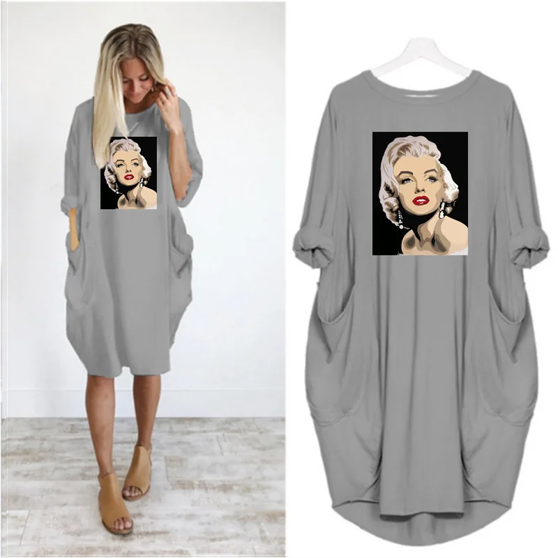 

2020 Women Loose Dress Long Sleeve Beauty Celebrity Cartoon Print O Collar Pocket Plus Size Vintage Casual Vestidos Robes Ropa