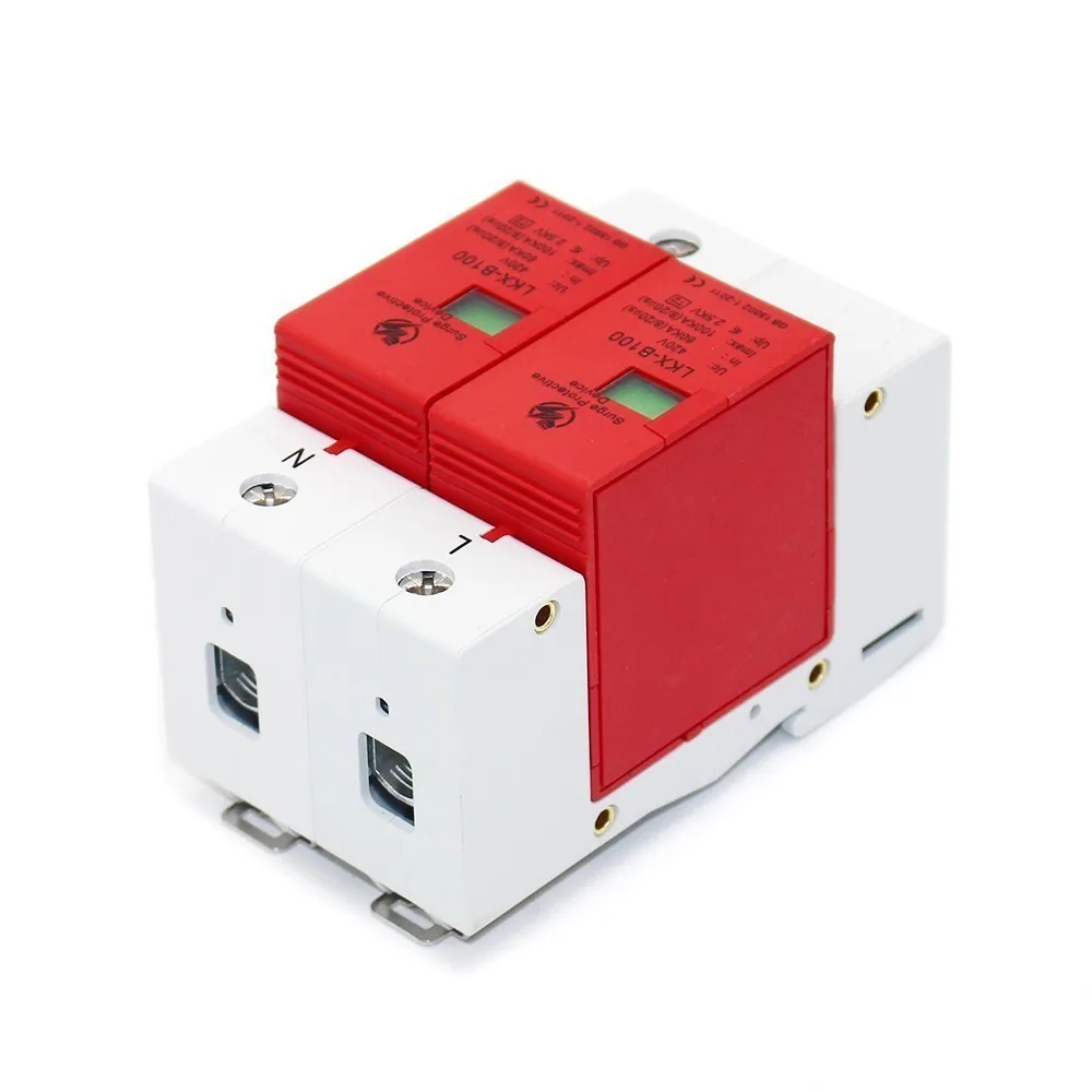 B100-2P 60KA~100KA ~275V AC 1P+N SPD House Surge Protector Protective Low-voltage Arrester Device Lightning protection - купить по