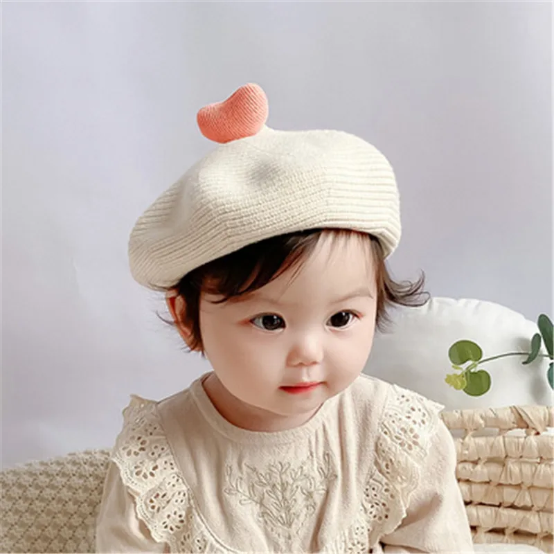 

Autumn Winter Kids Knitted Beret Baby Painter Hat Cute Heart Bernat French Artist Warm Wool Beanies for Girls 2021 Korea Fashion