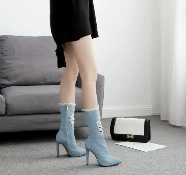 2019 Brand New American Style Women Shoes Winter Boots Mid-Calf Denim High (5cm-8cm) Pointed Toe Heels Zip | Обувь
