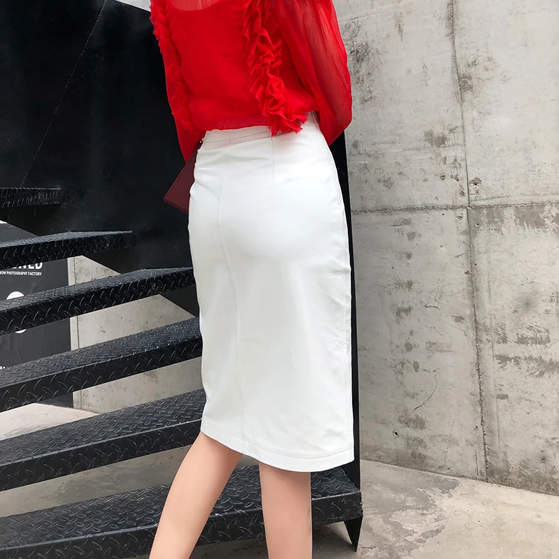 Faldas Mujer Moda зимние женские из натуральной кожи простые золотые пуговицы длинная юбка миди Femme Slit Jupe черный/белый Saias