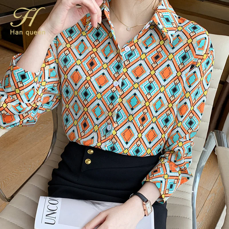 H Han Queen Autumn Print Women Blouses Vintage Ladies Tops Chiffon Blouse Long Sleeve Casual Female Work Wear Office Shirts 2021 | Женская