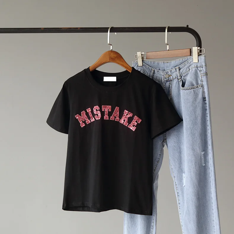 

Summer Women New Fashion T-shirt Female Casual Tops Ladies Leisure Letter Pattern sequined monogrammed