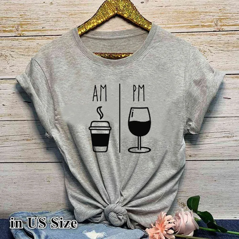 

AM Coffee PM Wine Skull Crown Sweetheart Tshirt Cool Trend Cotton T shirt Male Grey Women's Printing Christmas Alternative Top