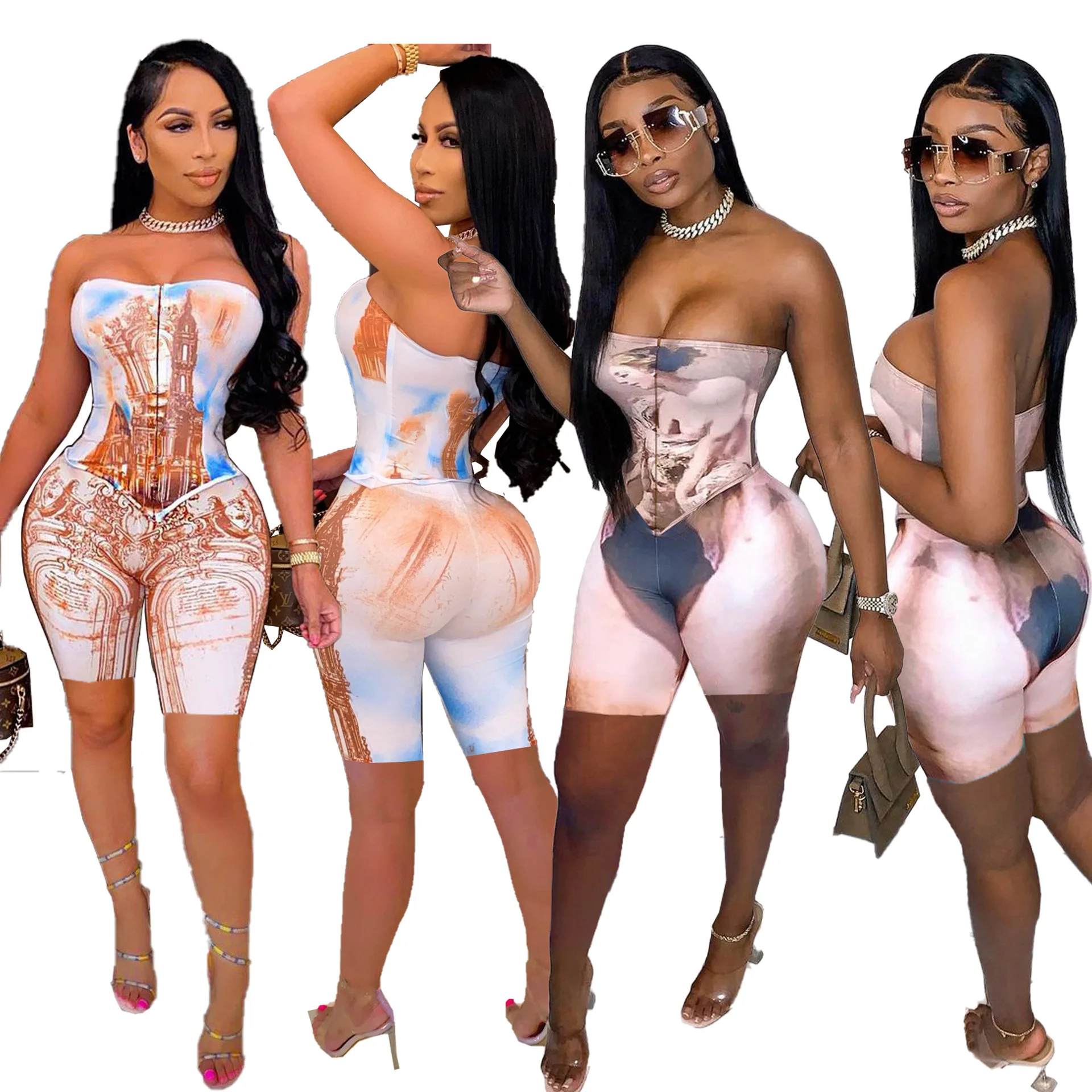 

Женский комплект из 2 предметов, футболка на молнии без бретелек и шорты с изящным принтом и облегающие короткие брюки, лето 2021