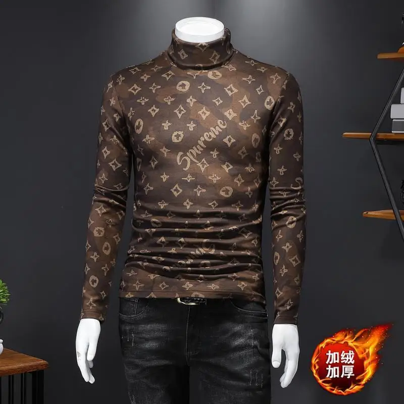 

Printed half high collar base Shirt Plush T-shirt slim personality men's thickened Long Sleeve Shirt