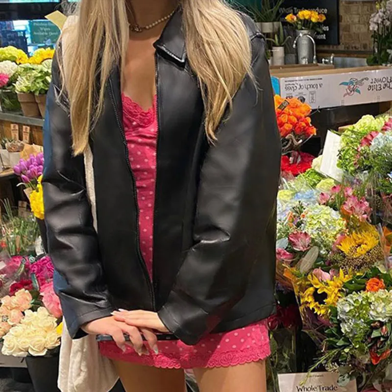 Women's Pu Leather Jackets Oversize Female Long Sleeve Coat Loose Autumn Lady Fashion Pockets Tops 2021 Casual Streetwear Jacket | Женская