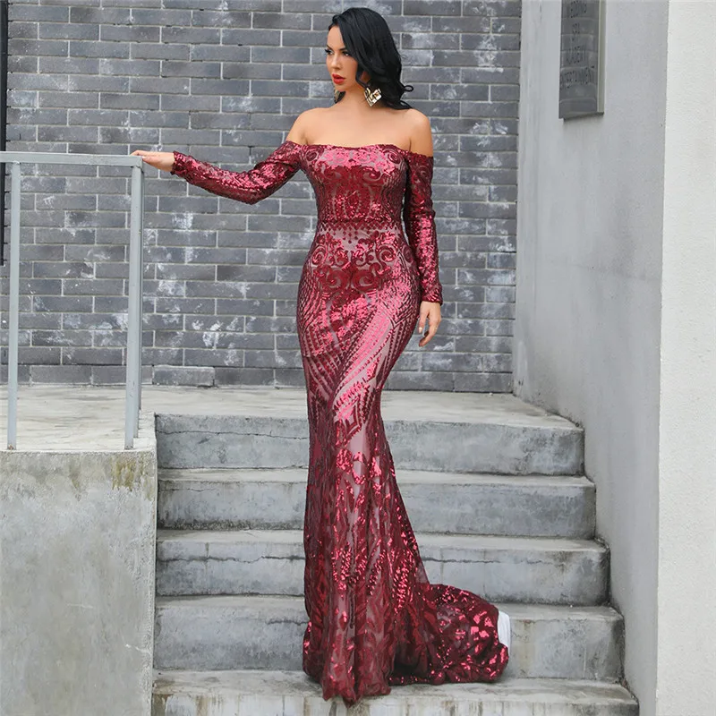 

Wine 2019 Women Spring Autumn bra long sleeve Strapless Backless Dresses sequin Elegant Reflective party Dress