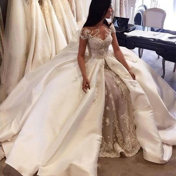 

2020 Luxury Ball Gown Wedding Dresses Saudi Arabia Cap Sleeve Lace Applique Satin Overskirt Bridal Gowns Dubai Wedding Dress