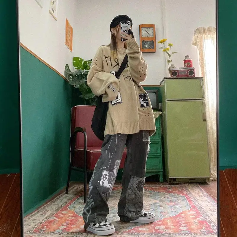 

Loose Retro Women's Jeans Letter Printing Wide Leg Pants Hip Hop Women Pants Casual Plus Size Clothes Gothic Streetwear Women