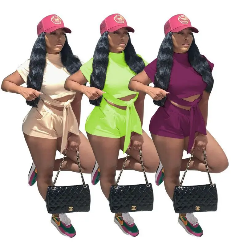 

Echoine Summer Women Two Piece Set Matching Set Tie Up Short Sleeve Tee Tops Shorts Jogger Pants Suit Sport Tracksuit Outfit