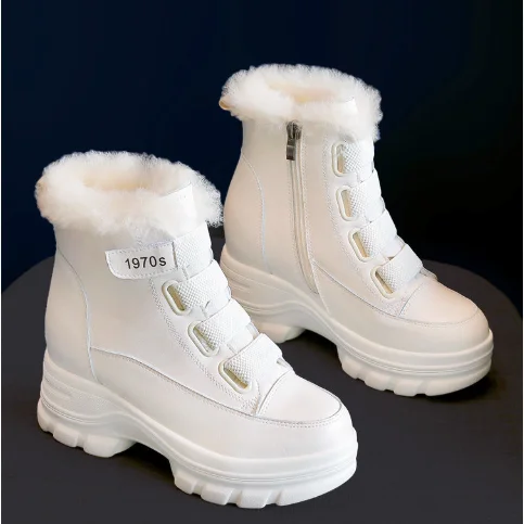 2021 New Winter Genuine Leather Elevator Snow Boots Women's Fleece-Lined Thick Quilted Martens Fur Cotton-Padded Shoes Velcro | Обувь