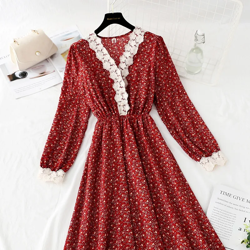 

2021 Vintage Print Women Dress NEW Spring Autumn Female Elegant Lace V-neck Elastic Waist Ladies Party Dresses Sweet Vestidos