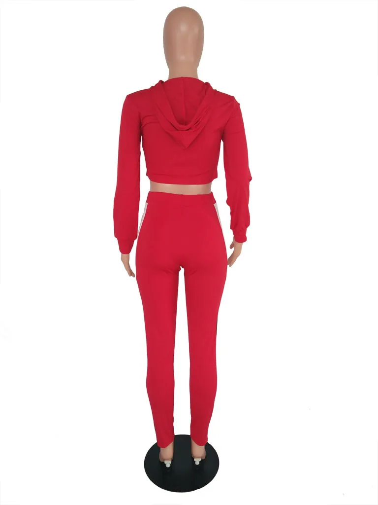 

Color Block Patchwork Tracksuit Casual Long Sleeve With Cap Crop Top Long Pants Two Piece Set Suit Female Slim Bodycon Women Set