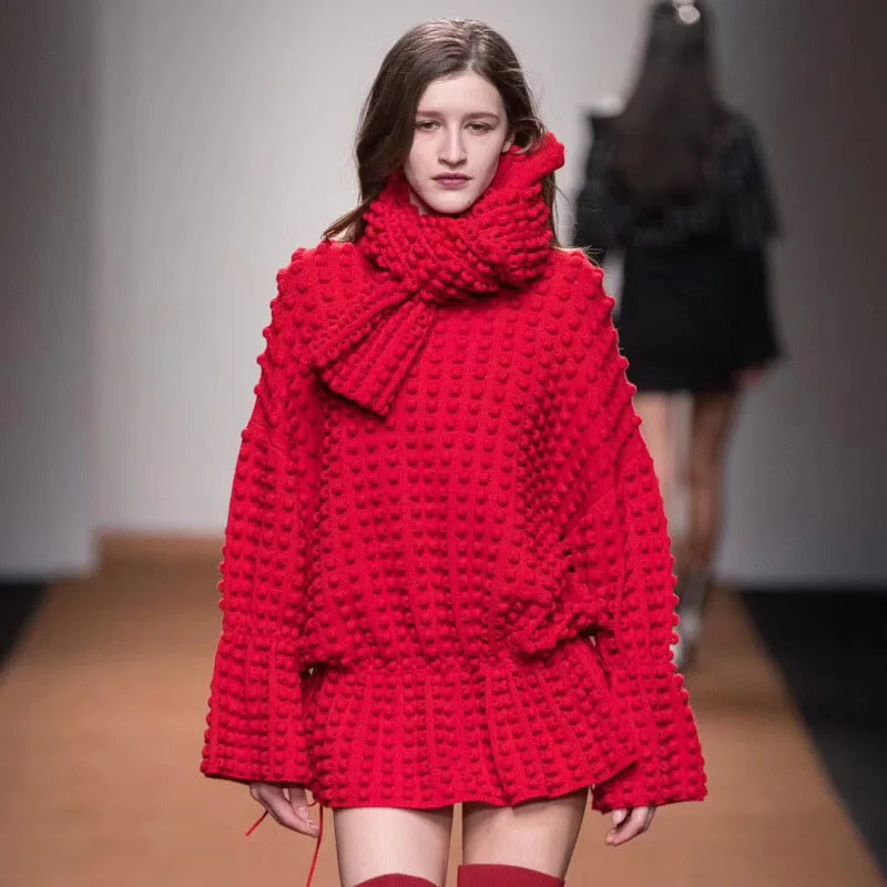 

Autumn Hand Knit Sweater Coarse Wool Lazy Rough Wool Lantern Sleeved Batwing Jacket Crocheted Coat Outwear Turtleneck
