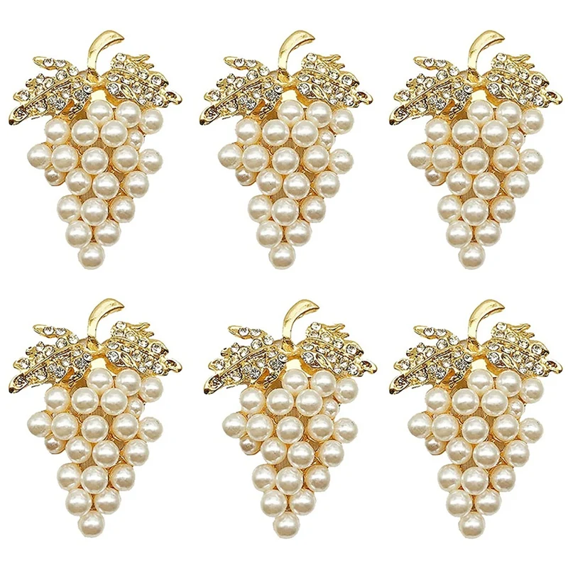 

Grapes Napkin Rings Set Of 6, With Glittering Imitation Diamond And Pearls Inlay Alloy Napkin Ring Holder