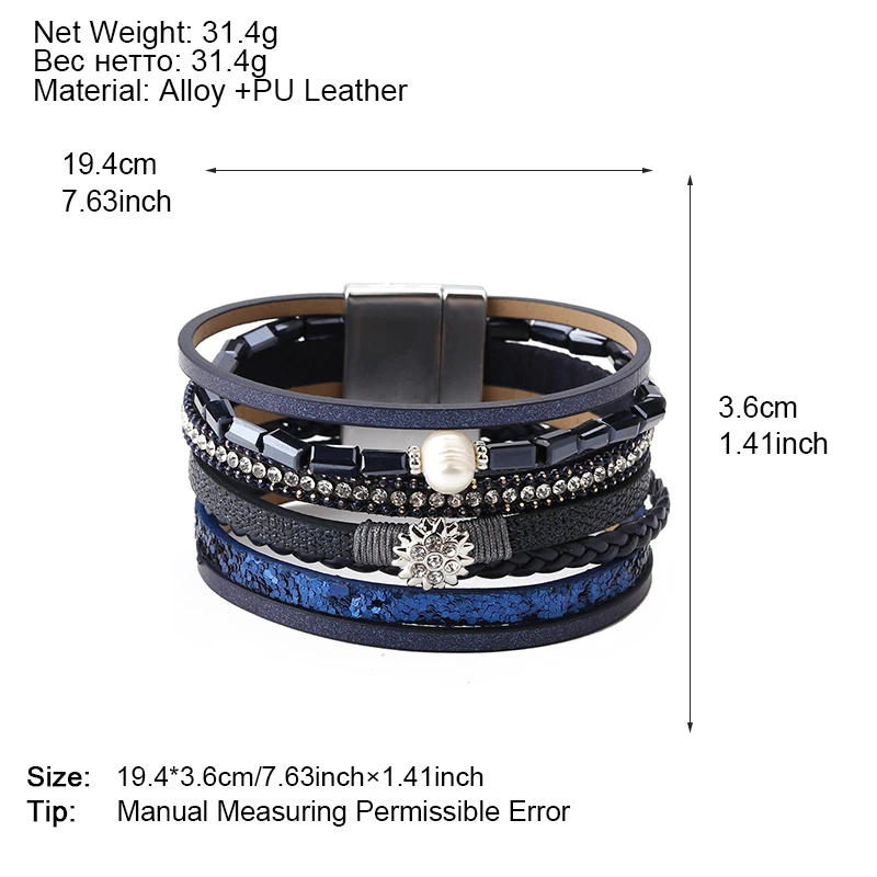 

Amorcome Trendy Shiny Sequins Dark Blue Leather Bracelets for Women Femme Crystal Rhinestone Flower Charm Braided Rope Bracelet