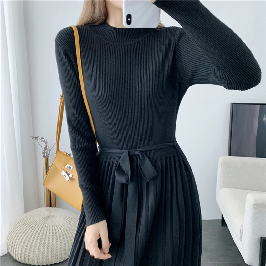 2020 Новое модное зимнее женское платье с длинным рукавом и высокой горловиной