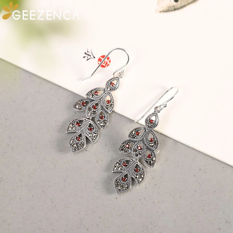 

S925 Silver Thai Marcasite Craft Leaf Drop Earrings For Women Artistic Vintage Trendy Plant Earring Fine Jewelry 2021 Spring New