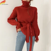 new 2021 winter turtleneck sweaters women long puff sleeve red white or blue thicken pullovers jumpers with belt loose top femme