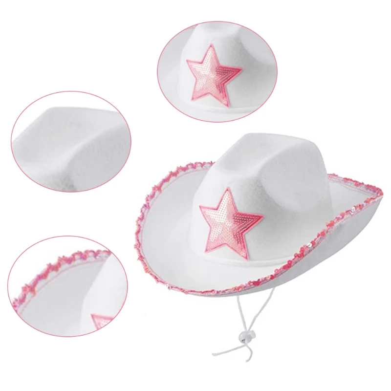 

Trendy Adjustable Jazz Top Hat White Felt Cowgirl Hat w/ Pink Star Western Fashion Cowboy Hat Hipster Wide Brim Outdoor